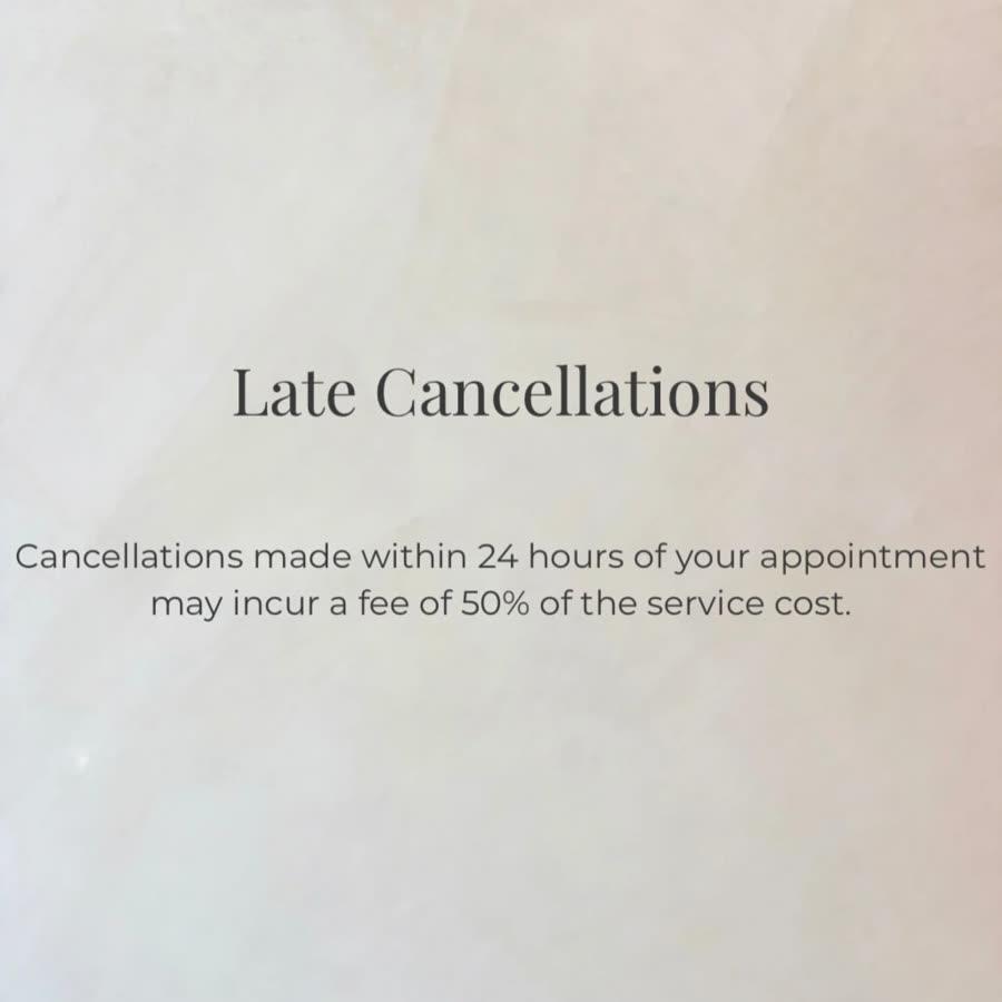 NailMuseMiami policy card: late cancellations