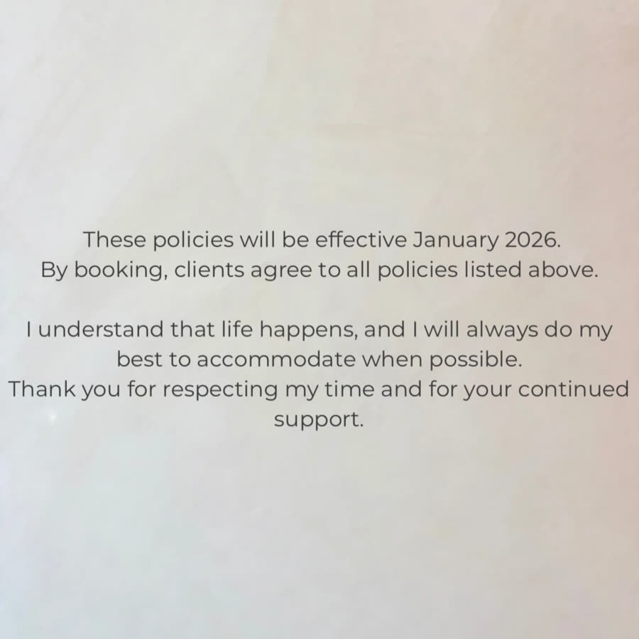 NailMuseMiami policy card: closing note, effective January 2026