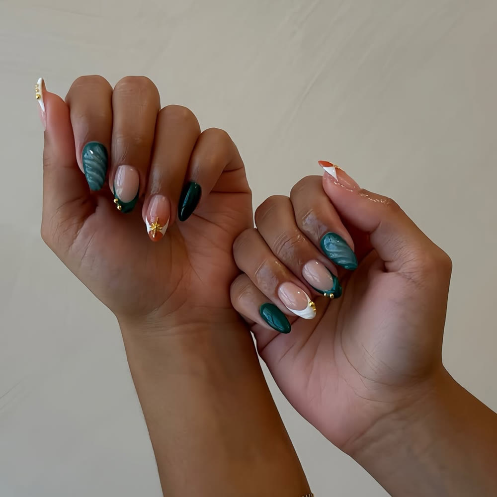 Recent NailMuseMiami nail set with emerald green marble and gold nail art